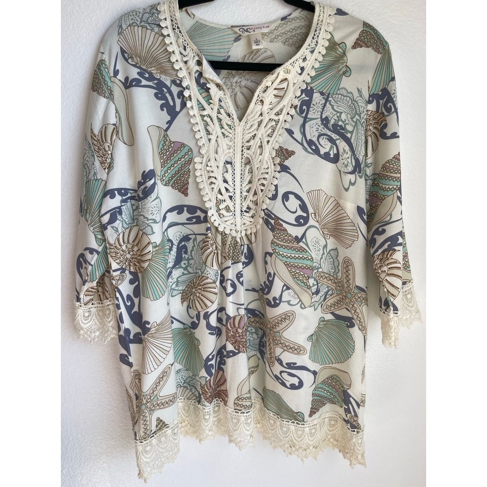 Krazy Kat Ivory Seashell Print Crochet-Trim Blouse with Teal & Navy Size L